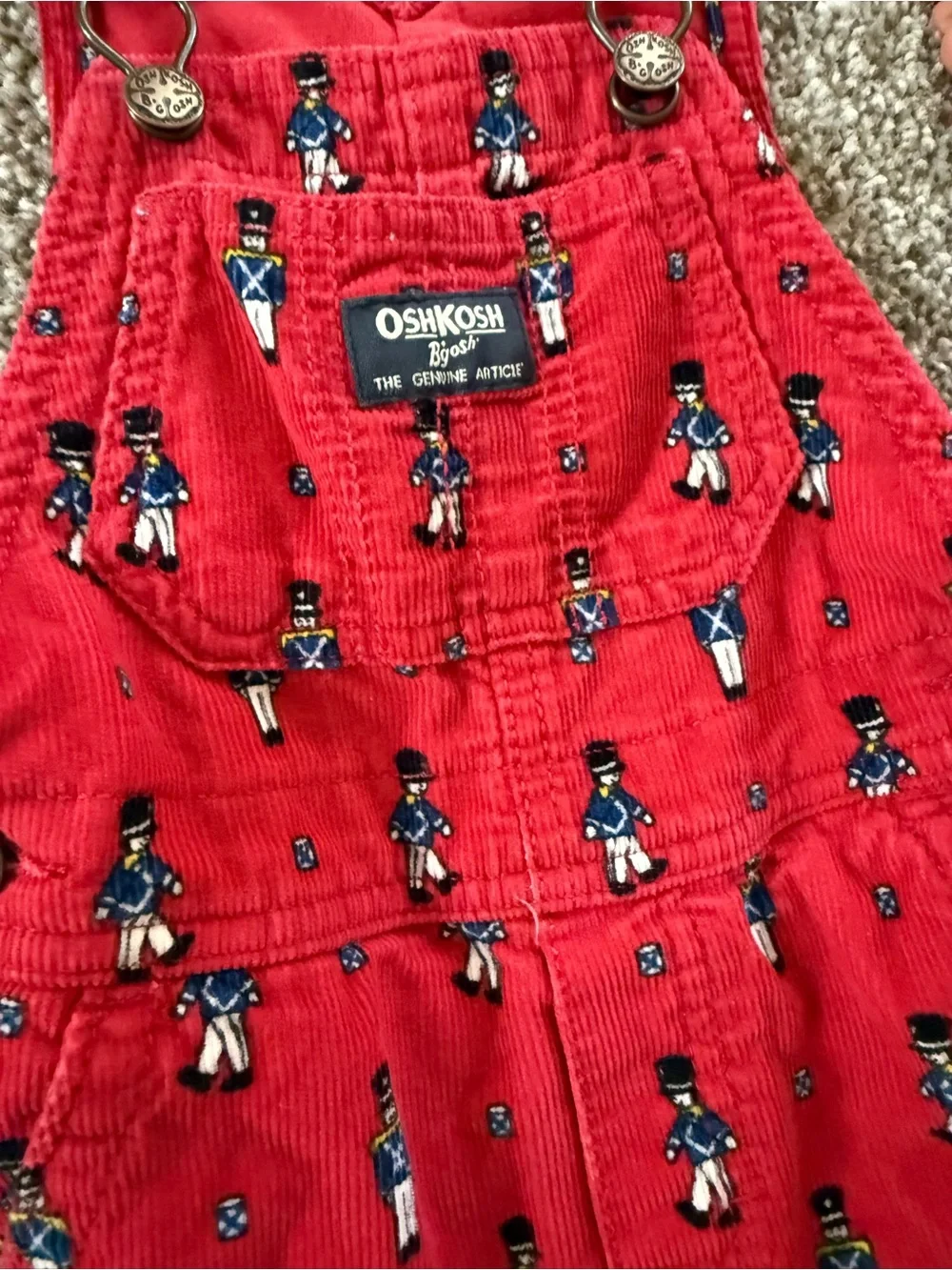 OshKosh B'gosh Red and Black Corduroy Overalls with Toy Soldier and trains